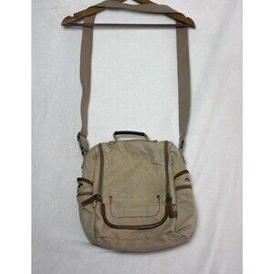 TSD Brand Earth & Style Beige Canvas Leather Crossbody Shoulder Bag Multi Pocket